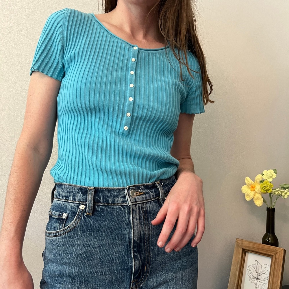 Eddie Bauer Blue Ribbed T-Shirt Coquette Cotton Henley Short Sleeve S Soft Girl